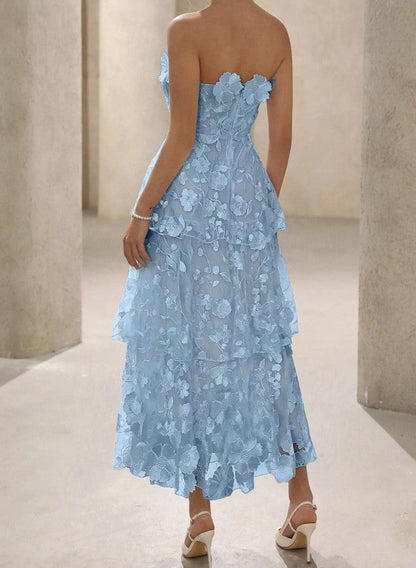 Vestido de novia vintage de corte A con apliques bordados de tul azul sin tirantes, elegante vestido de dama de honor ED02182
