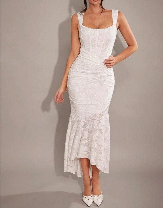 Elegante vestido de dama de honor de sirena en gasa jacquard blanca, vestido de fiesta de moda ED02184