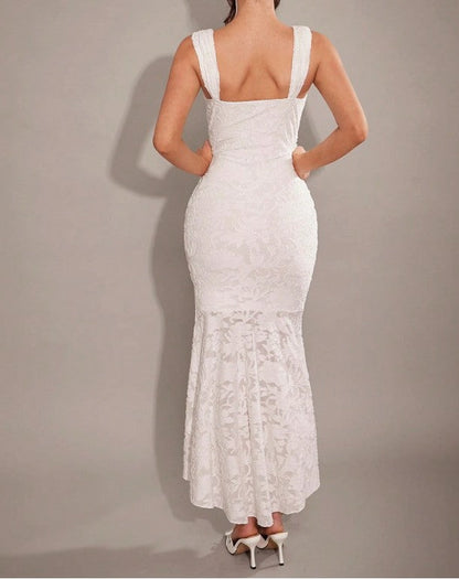 Elegante vestido de dama de honor de sirena en gasa jacquard blanca, vestido de fiesta de moda ED02184