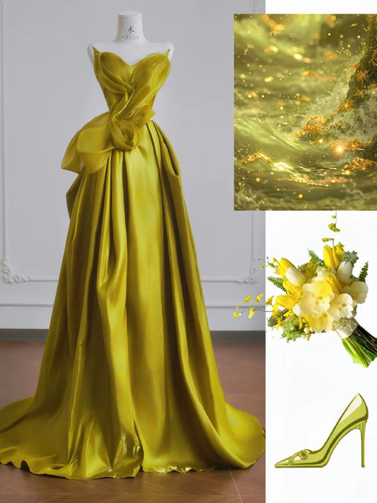 Elegante vestido de novia de satén amarillo con escote corazón y corte A, precioso vestido de noche formal ED02189