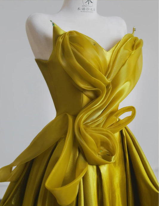 Elegante vestido de novia de satén amarillo con escote corazón y corte A, precioso vestido de noche formal ED02189