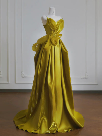 Elegante vestido de novia de satén amarillo con escote corazón y corte A, precioso vestido de noche formal ED02189
