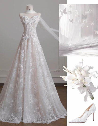 Vestido de novia vintage de tul blanco sin tirantes y encaje, precioso vestido de fiesta largo de corte A ED02191