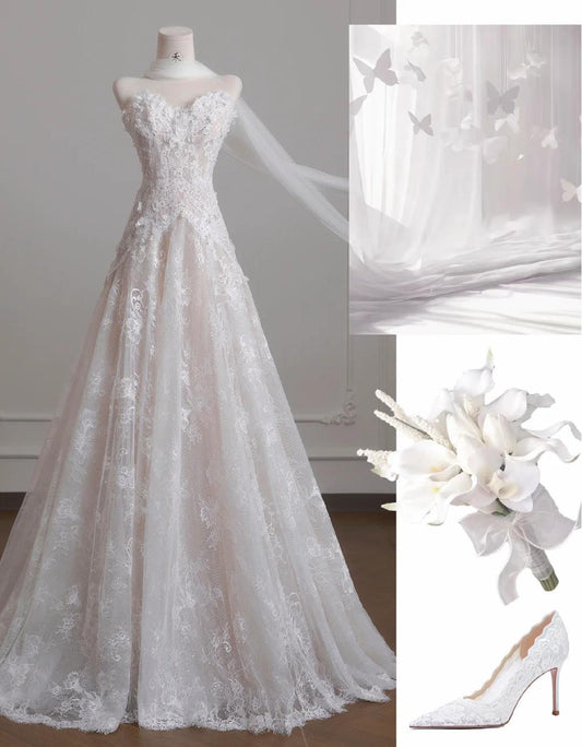 Vestido de novia vintage de tul blanco sin tirantes y encaje, precioso vestido de fiesta largo de corte A ED02191