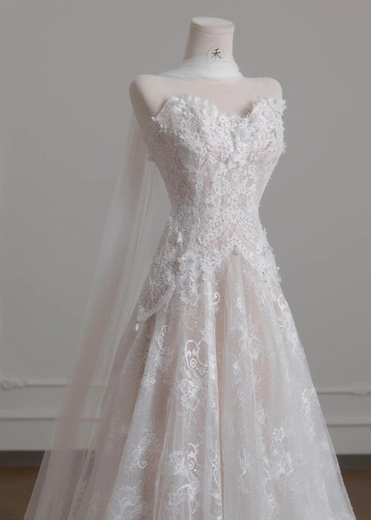 Vestido de novia vintage de tul blanco sin tirantes y encaje, precioso vestido de fiesta largo de corte A ED02191