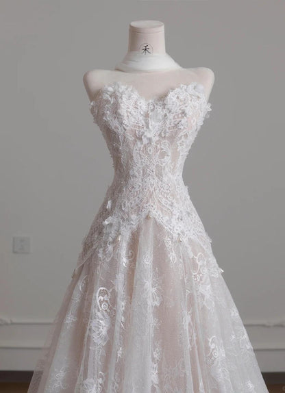 Vestido de novia vintage de tul blanco sin tirantes y encaje, precioso vestido de fiesta largo de corte A ED02191