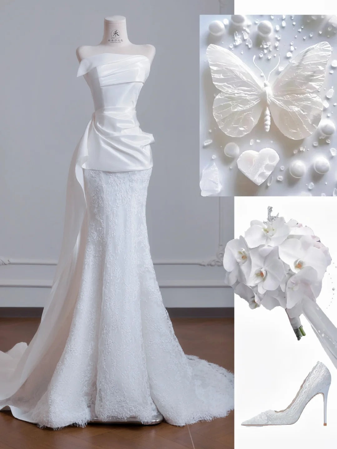 Vestido de novia blanco sin tirantes, de satén y encaje, con cola de sirena. Elegante vestido de fiesta largo ED02192