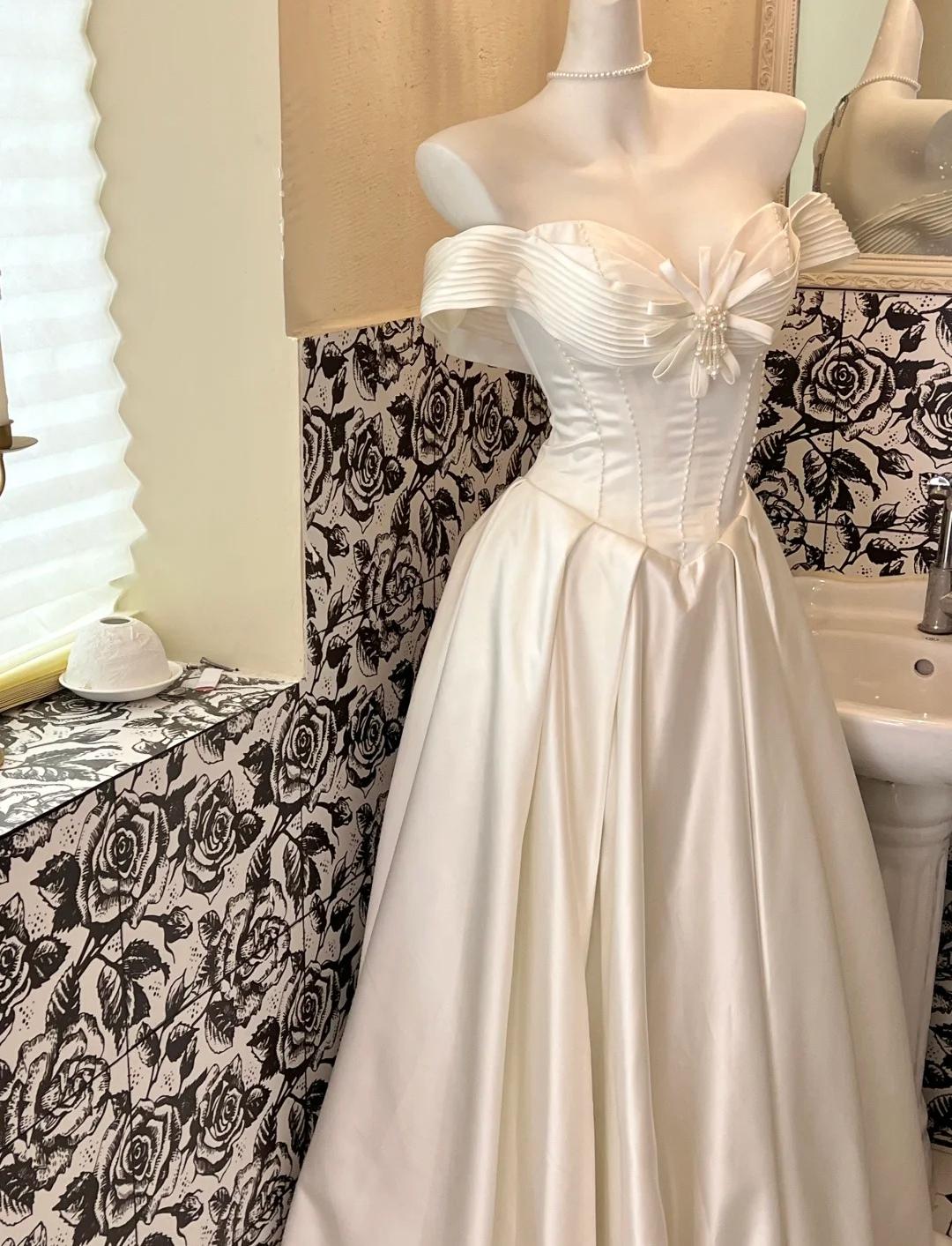 Vestido de novia vintage de satén blanco perla con hombros descubiertos, corte A, elegante vestido de fiesta largo ED02193
