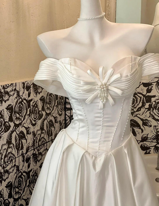 Vestido de novia vintage de satén blanco perla con hombros descubiertos, corte A, elegante vestido de fiesta largo ED02193