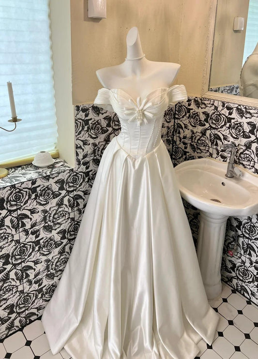 Vestido de novia vintage de satén blanco perla con hombros descubiertos, corte A, elegante vestido de fiesta largo ED02193