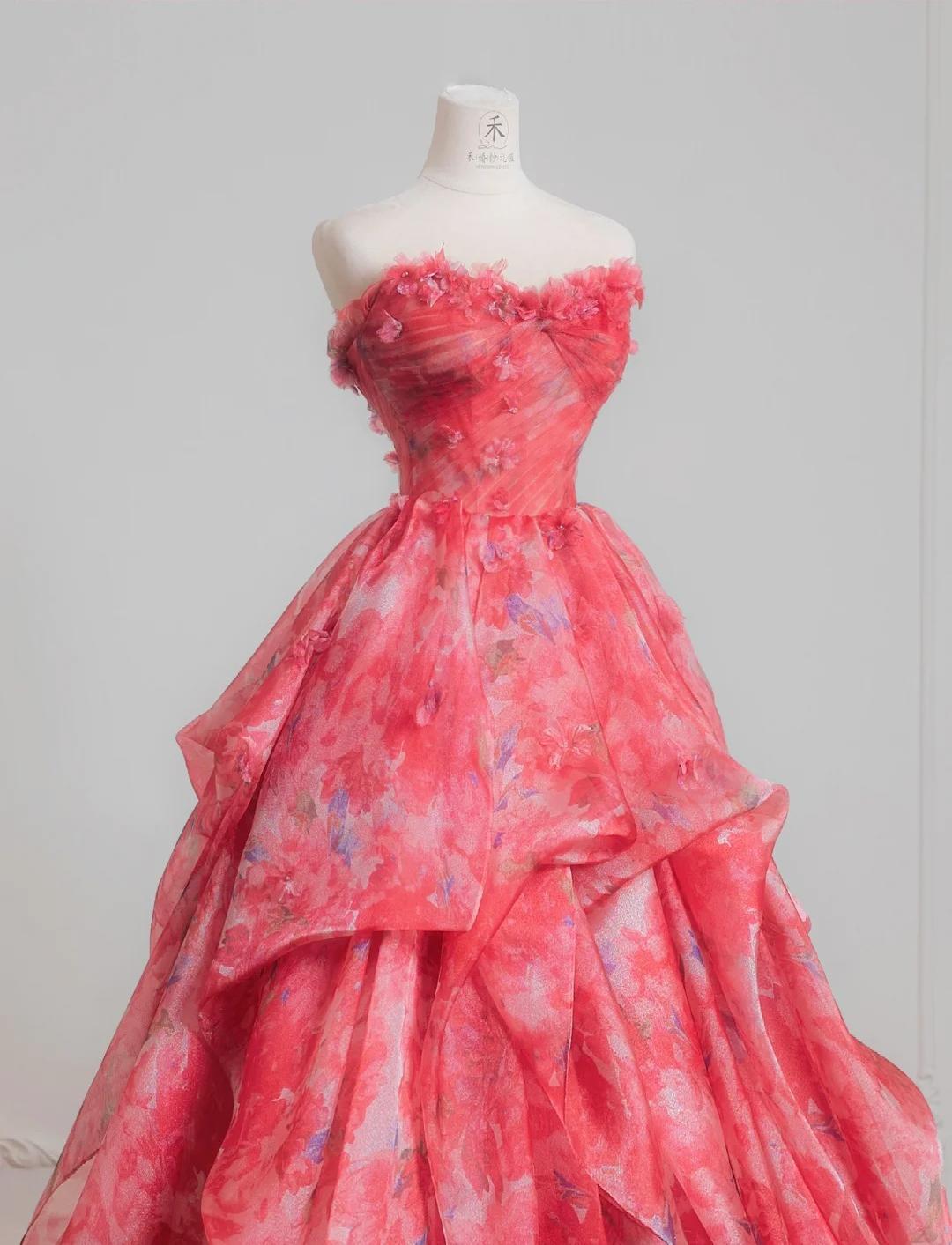 Precioso vestido de novia rojo de tul estampado, sin tirantes, corte A, largo y dulce, para fiesta de graduación ED02195