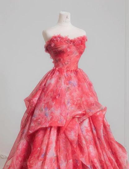 Precioso vestido de novia rojo de tul estampado, sin tirantes, corte A, largo y dulce, para fiesta de graduación ED02195