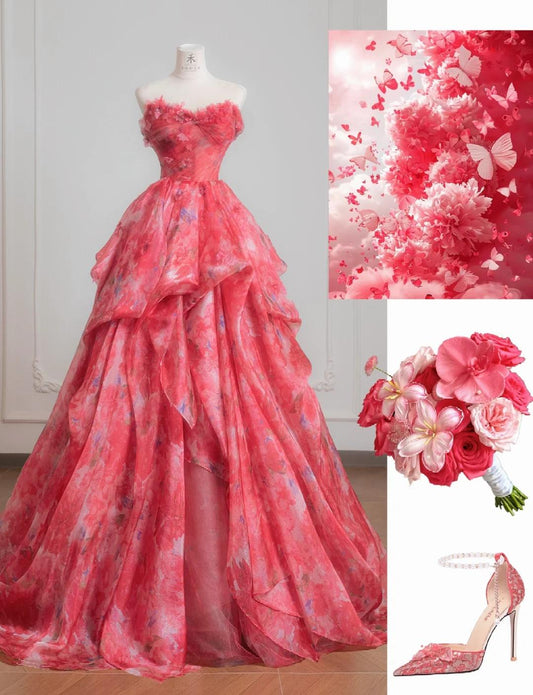 Precioso vestido de novia rojo de tul estampado, sin tirantes, corte A, largo y dulce, para fiesta de graduación ED02195