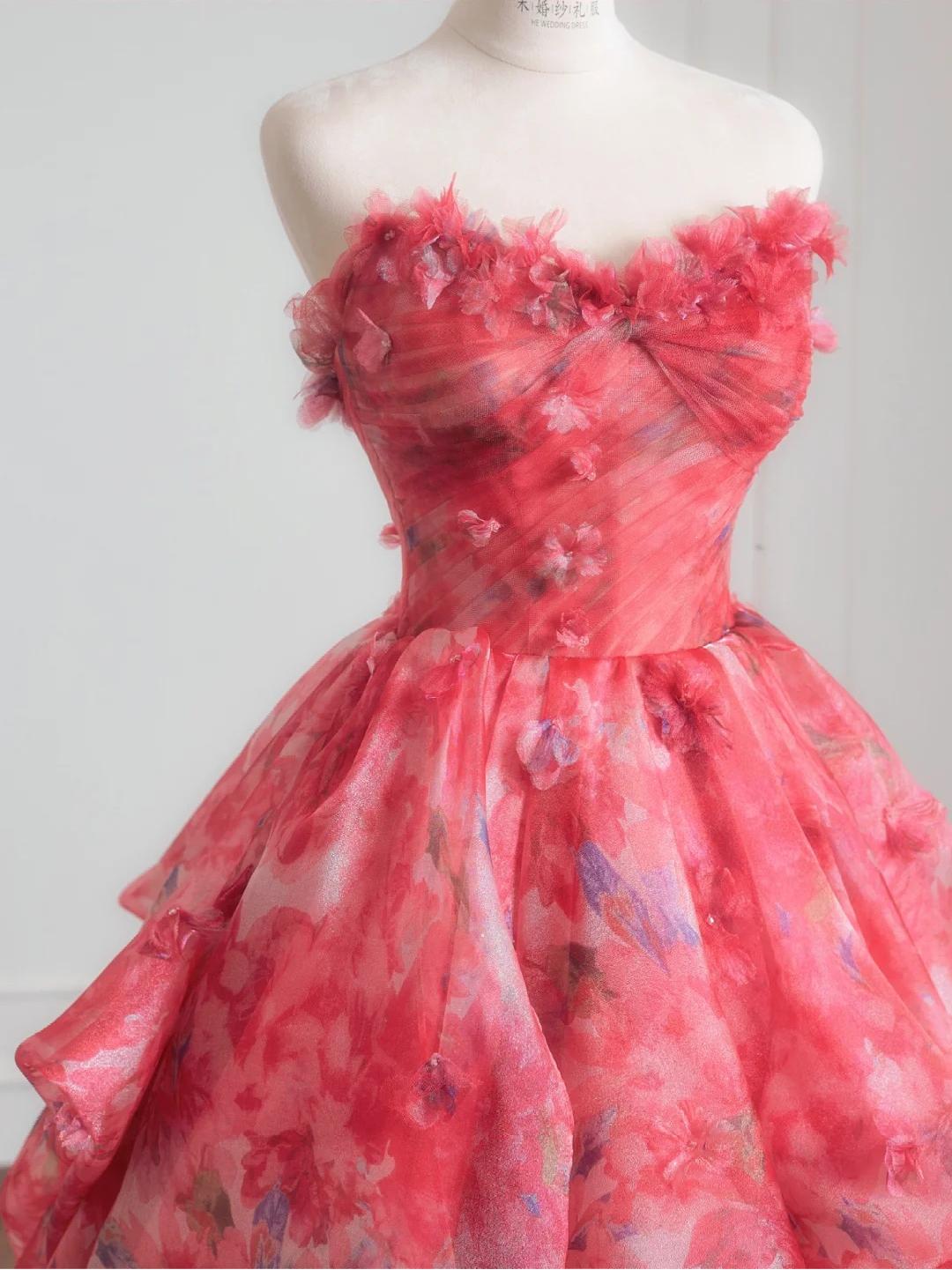 Precioso vestido de novia rojo de tul estampado, sin tirantes, corte A, largo y dulce, para fiesta de graduación ED02195