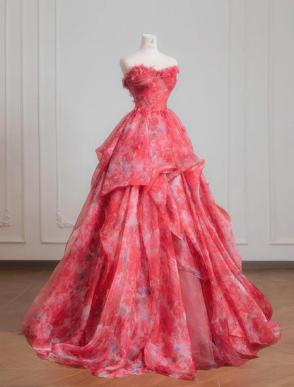 Precioso vestido de novia rojo de tul estampado, sin tirantes, corte A, largo y dulce, para fiesta de graduación ED02195
