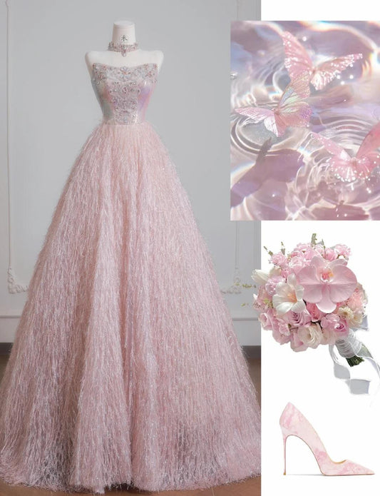Vestido de novia de tul con cuentas, sin tirantes, color rosa dulce, corte A, largo, para fiesta, ED02197