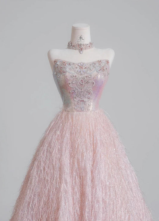 Vestido de novia de tul con cuentas, sin tirantes, color rosa dulce, corte A, largo, para fiesta, ED02197