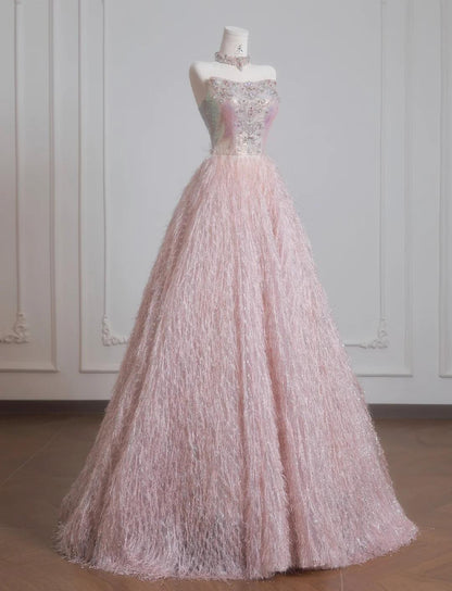 Vestido de novia de tul con cuentas, sin tirantes, color rosa dulce, corte A, largo, para fiesta, ED02197