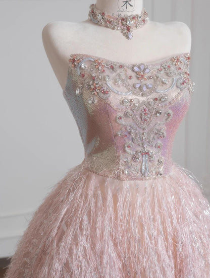 Vestido de novia de tul con cuentas, sin tirantes, color rosa dulce, corte A, largo, para fiesta, ED02197