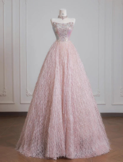 Vestido de novia de tul con cuentas, sin tirantes, color rosa dulce, corte A, largo, para fiesta, ED02197