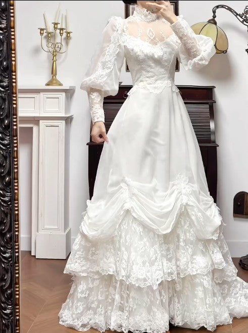 Hermoso vestido de novia vintage blanco de corte A, manga larga, tul, encaje, apliques, cola, ED02205