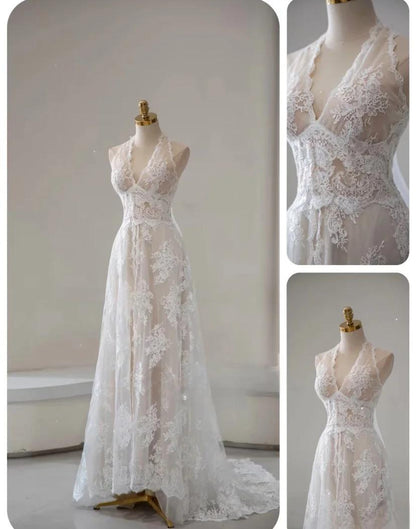 Elegante vestido de novia vintage de corte A con apliques de encaje blanco y cuentas ED02216