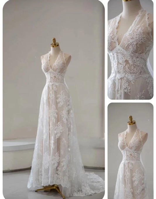 Elegante vestido de novia vintage de corte A con apliques de encaje blanco y cuentas ED02216