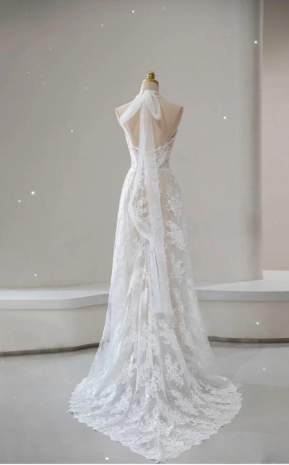 Elegante vestido de novia vintage de corte A con apliques de encaje blanco y cuentas ED02216