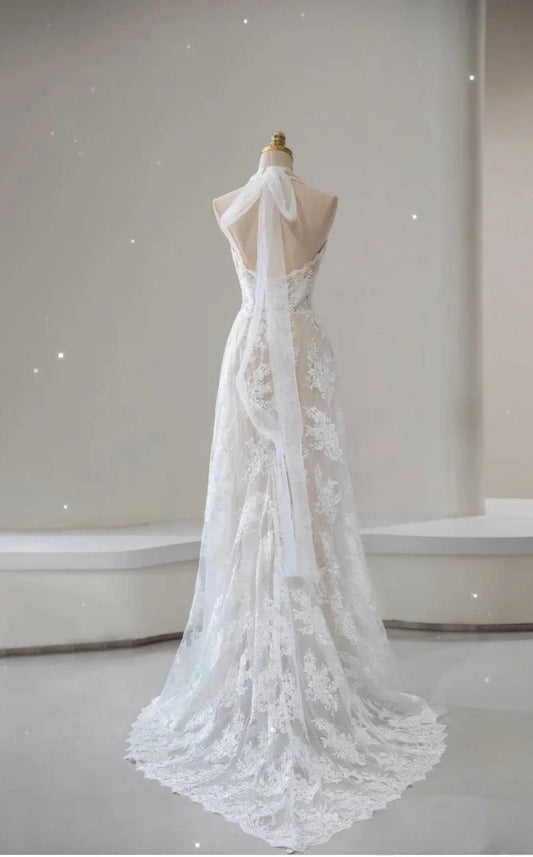 Elegante vestido de novia vintage de corte A con apliques de encaje blanco y cuentas ED02216