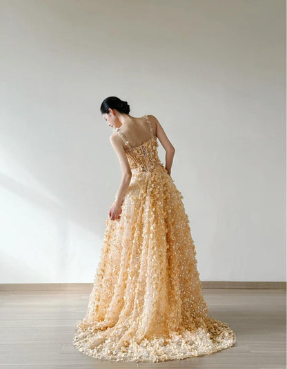 Sweet Yellow A-Line Spaghetti Straps Tulle Applique Beading Wedding Dress Fairytale Long Prom Dresses ED02227