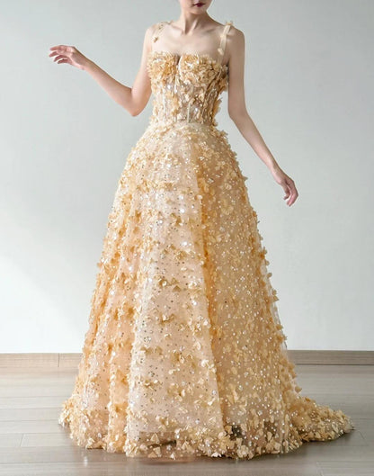 Sweet Yellow A-Line Spaghetti Straps Tulle Applique Beading Wedding Dress Fairytale Long Prom Dresses ED02227