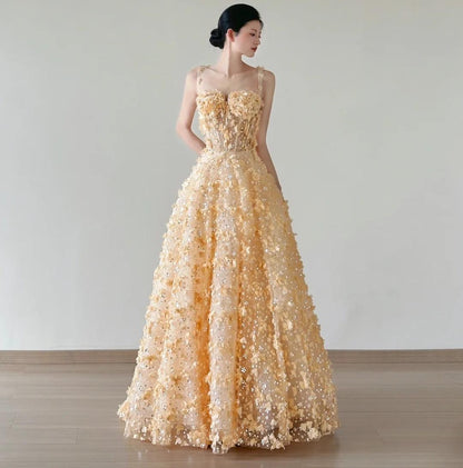 Sweet Yellow A-Line Spaghetti Straps Tulle Applique Beading Wedding Dress Fairytale Long Prom Dresses ED02227