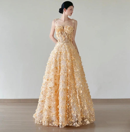 Sweet Yellow A-Line Spaghetti Straps Tulle Applique Beading Wedding Dress Fairytale Long Prom Dresses ED02227