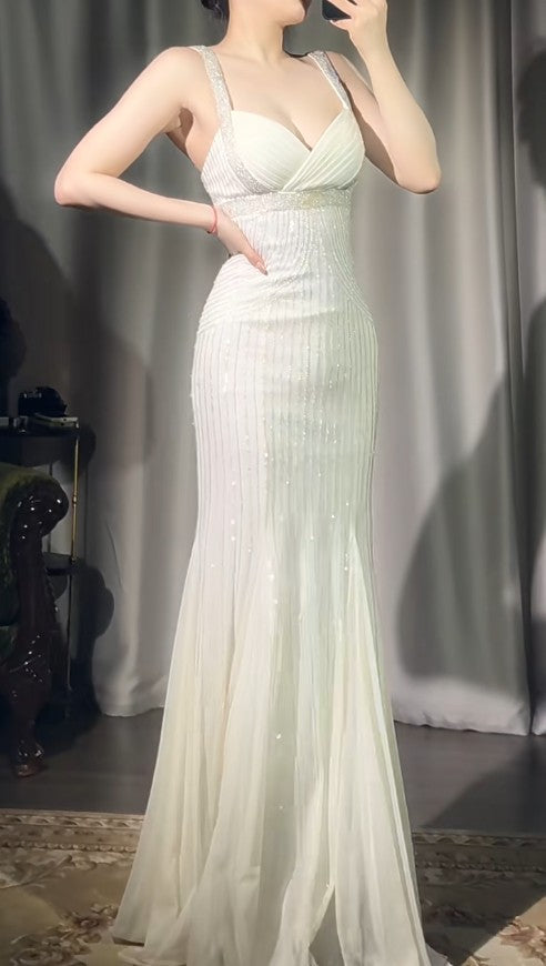 Vestido de fiesta gótico color albaricoque con tirantes finos, corte sirena, de gasa con cuentas, elegante vestido de noche ED02229