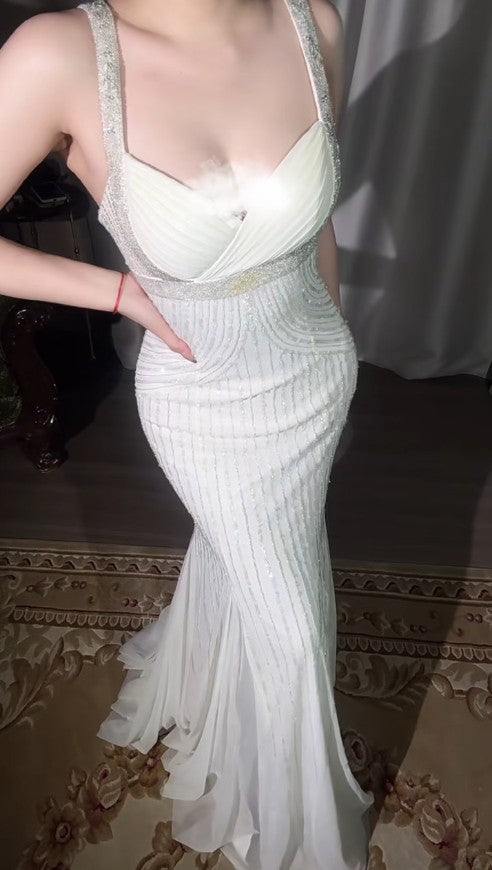 Vestido de fiesta gótico color albaricoque con tirantes finos, corte sirena, de gasa con cuentas, elegante vestido de noche ED02229