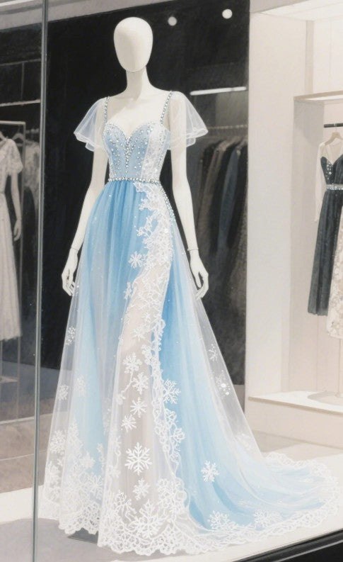 Vestido de novia largo azul cielo con escote corazón, tul, encaje y cuentas, corte A, ED02233