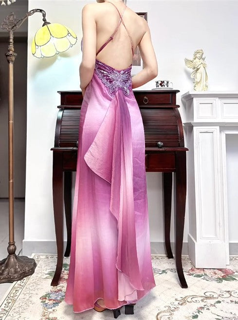 Vestido de fiesta largo elegante de satén con tirantes finos, espalda abierta y degradado fucsia, estilo gótico retro ED02234
