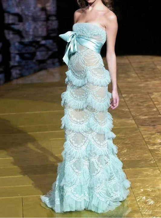 Hermosos vestidos de fiesta de sirena en tul azul cielo sin tirantes y capas, elegantes vestidos de noche formales ED02239