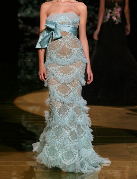 Hermosos vestidos de fiesta de sirena en tul azul cielo sin tirantes y capas, elegantes vestidos de noche formales ED02239