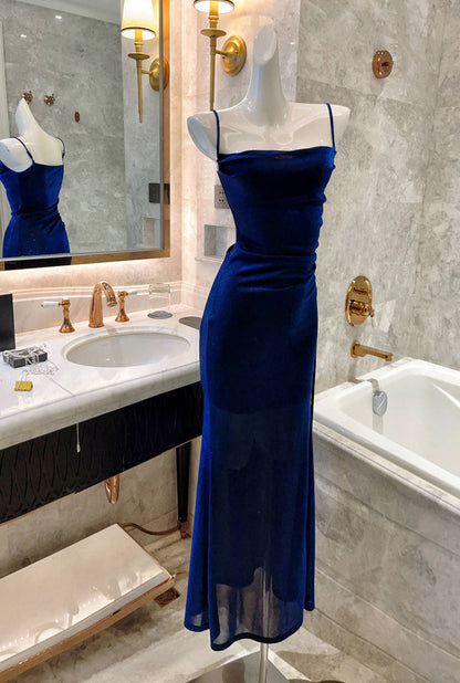 Midnight Blue Shiny Silk Mermaid Dress Swing Neck Luxurious Birthday Party Dress  ED02243