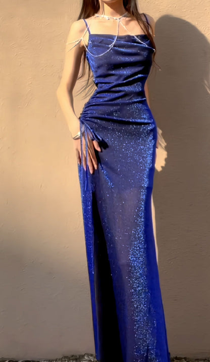 Midnight Blue Shiny Silk Mermaid Dress Swing Neck Luxurious Birthday Party Dress  ED02243