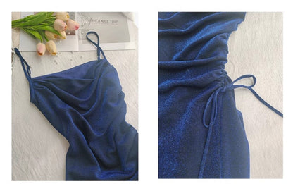 Midnight Blue Shiny Silk Mermaid Dress Swing Neck Luxurious Birthday Party Dress  ED02243