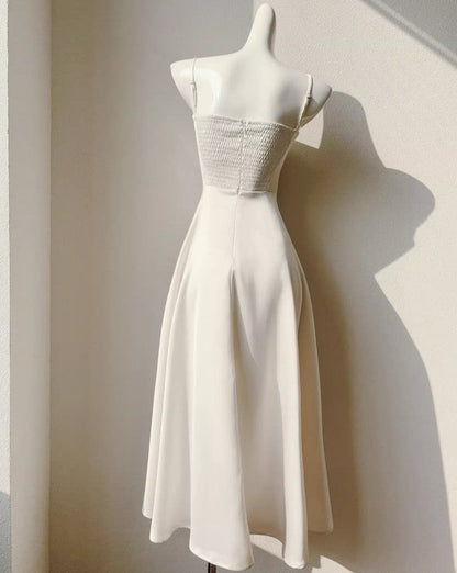 Vestido de novia elegante de satén con tirantes finos color champán, corte A, para invitada de boda, ED02244