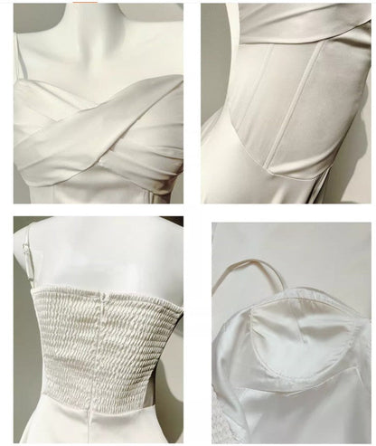 Vestido de novia elegante de satén con tirantes finos color champán, corte A, para invitada de boda, ED02244