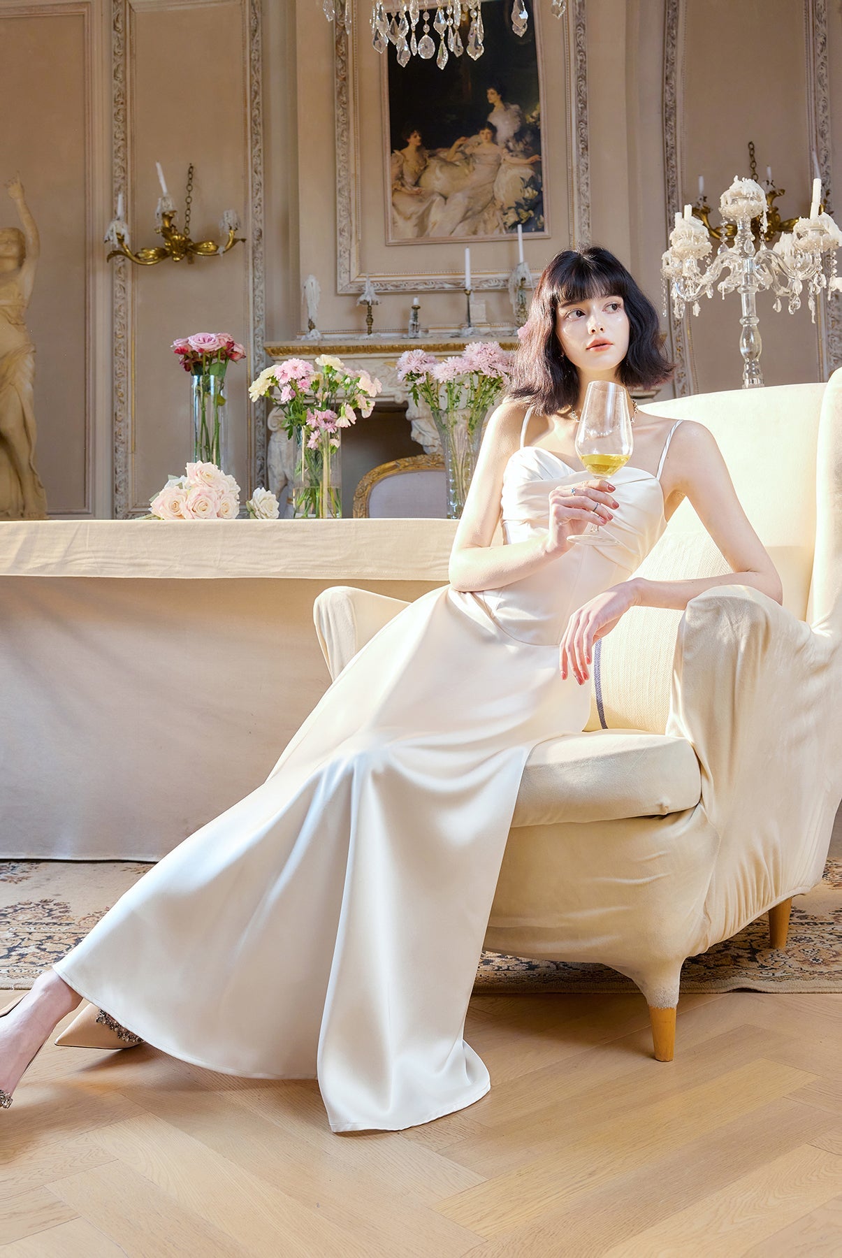 Vestido de novia elegante de satén con tirantes finos color champán, corte A, para invitada de boda, ED02244