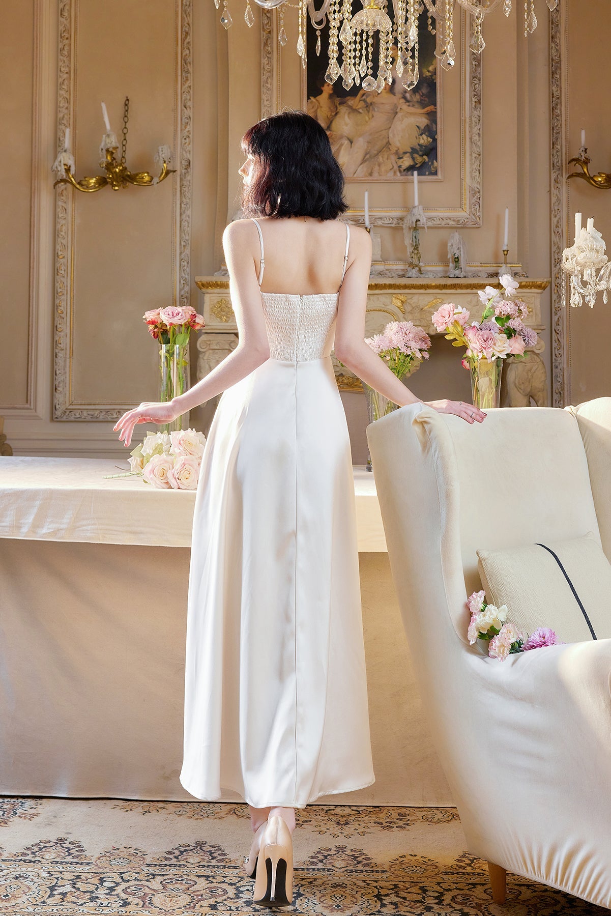 Vestido de novia elegante de satén con tirantes finos color champán, corte A, para invitada de boda, ED02244