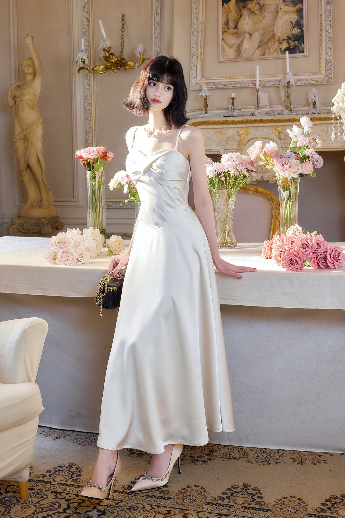 Vestido de novia elegante de satén con tirantes finos color champán, corte A, para invitada de boda, ED02244