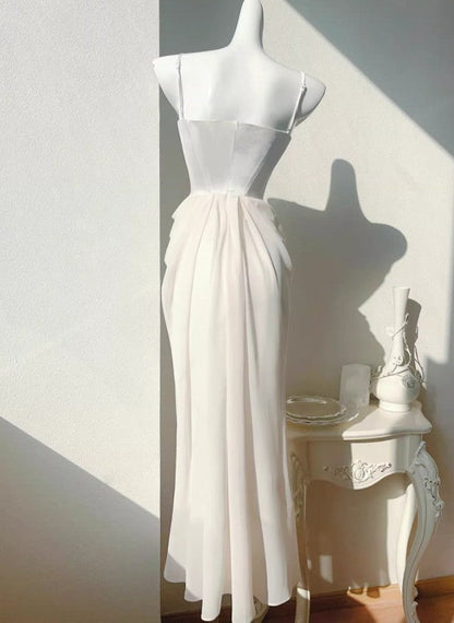 Vestido de fiesta de satén con tirantes finos de gasa y colgante de perla francesa, color champán claro, para cumpleaños, ED02245