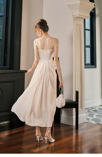 Vestido de fiesta de satén con tirantes finos de gasa y colgante de perla francesa, color champán claro, para cumpleaños, ED02245