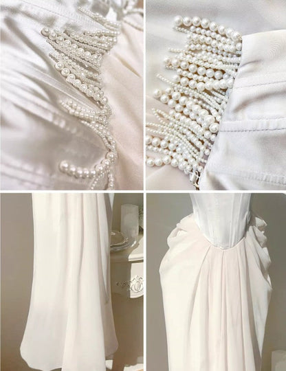 Vestido de fiesta de satén con tirantes finos de gasa y colgante de perla francesa, color champán claro, para cumpleaños, ED02245